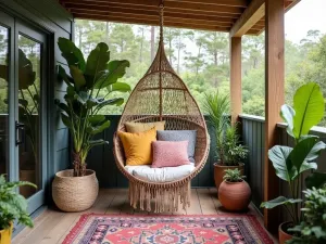 Bohemian Hanging Chair - A macramé hanging chair with colorful boho cushions suspended from a wooden beam, surrounded by potted monstera and fiddle leaf fig plants, with layered outdoor rugs beneath