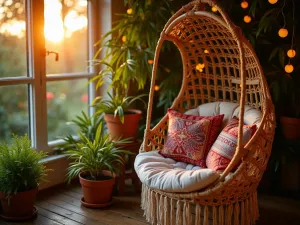 Boho Hanging Chair Corner - A cozy corner featuring a macramé hanging chair with bohemian cushions, surrounded by bamboo plants and string lights, warm sunset lighting