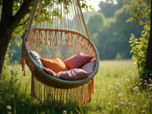 Bohemian Hanging Chair Garden - Macramé hanging chair with colorful cushions suspended over grass, surrounded by natural wilderness, dreamy afternoon light