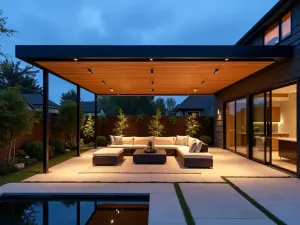 Cantilevered Shade Structure - Modern cantilevered pergola covering a contemporary outdoor living room set, with integrated lighting and heating elements