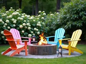 Classic Adirondack Collection - A group of wooden Adirondack chairs in various cheerful colors arranged around a fire pit, with side tables holding lanterns and drinks, backed by hydrangea bushes