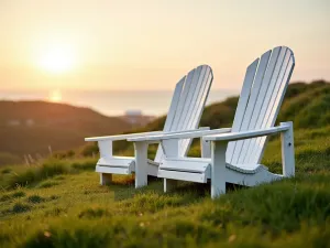 Classic Adirondack Lawn Setting - Close-up of white Adirondack chairs on rolling grass hill, coastal garden style, late day sunlight