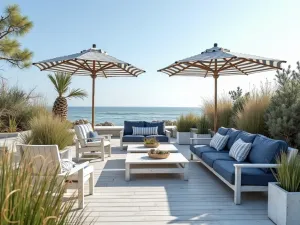 Coastal Beach House Setting - Wide angle of white-washed wooden furniture with navy blue cushions, striped umbrellas, and coastal grasses in whitewashed planters