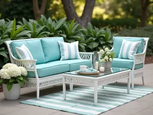 Coastal Conversation Set - A white aluminum conversation set with aqua cushions, arranged around a glass-top coffee table, with coastal ornaments and white hydrangeas