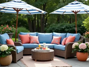 Coastal Cool Conversation Set - A wicker conversation set with cushions in varying shades of blue and coral, with striped umbrellas, beside potted hydrangeas, coastal style