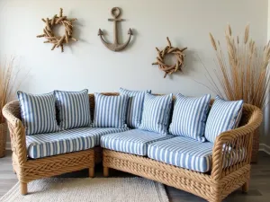 Coastal Rope Furniture - A nautical-themed seating area with rope-wrapped furniture frames and weatherproof blue and white striped cushions, positioned near driftwood art pieces and coastal grasses