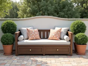 Compact Daybed Corner - Small outdoor daybed with storage underneath, accent pillows, surrounded by potted boxwood spheres, Mediterranean style, eye-level view