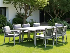 Contemporary Aluminum Dining - Modern aluminum dining set with gray cushions on manicured lawn, geometric garden backdrop, bright daylight