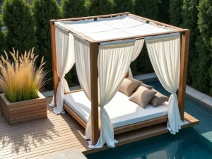 Contemporary Daybed Oasis - An aerial view of a modern outdoor daybed with crisp white curtains and neutral cushions, positioned on a floating deck with built-in planters containing tall grasses