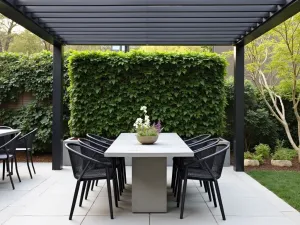 Contemporary Dining Pavilion - Modern outdoor dining setup under a pergola with black metal chairs, concrete table, and vertical garden wall