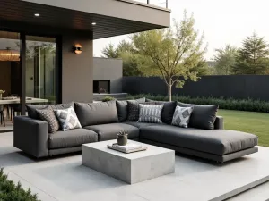 Contemporary Pool Lounge - Modular outdoor sectional in charcoal gray with geometric pillows, concrete side tables, and minimal planters, architectural photography