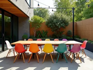 Contemporary Rainbow Dining - Wide angle view of a long outdoor dining table with modern chairs in graduating rainbow colors, under string lights and beside bamboo screens