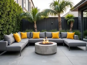 Contemporary Sectional - Modern gray outdoor sectional with yellow accent pillows, centered around a concrete fire pit, with structural palm trees