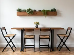 Convertible Console Dining - Narrow console table that expands to dining size with folding chairs, accented by wall-mounted succulent planters, industrial style, straight-on view