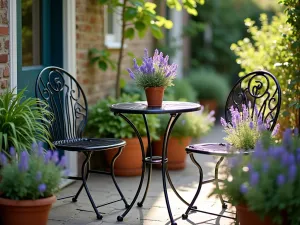 Cozy Corner Bistro Set - Intimate small patio corner with a compact metal bistro set in matte black, featuring round table and two chairs, decorated with potted lavender plants, soft afternoon lighting, photo from eye level