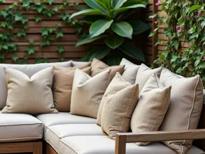 Cozy Corner Sectional - A close-up shot of a plush outdoor sectional with deep seats and thick cushions in a warm beige, adorned with textured throw pillows, nested in a corner with climbing jasmine on a privacy wall