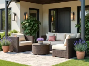 Cozy Front Patio Conversation Set - A welcoming front patio featuring a modern wicker conversation set with plush beige cushions, arranged around a circular coffee table, with potted lavender plants adding color, photorealistic, afternoon lighting