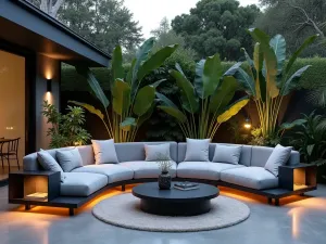 Curved Sectional Paradise - Modern curved sectional in light grey with black frame, surrounded by tropical plants, featuring integrated side tables and ambient lighting, evening scene