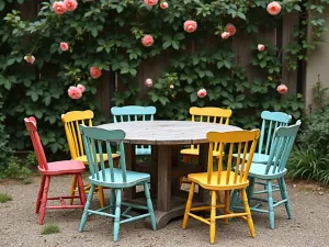 Eclectic Garden Party Set - Wide shot of mismatched vintage chairs painted in different bright colors around a rustic table, with climbing roses on a trellis background