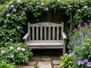 English Garden Bench - Aerial view of a weathered wooden garden bench surrounded by blooming cottage garden flowers and climbing clematis