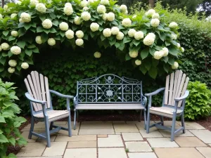 English Garden Furniture - Traditional English garden furniture arrangement with iron bench, wooden chairs, and climbing hydrangeas on a stone patio