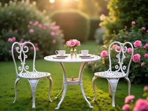 English Garden Tea Set - Vintage-style wrought iron tea table and chairs on cottage garden lawn, romantic roses nearby, soft morning light