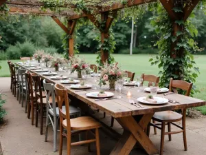 Farmhouse Dining Scene - A long farmhouse table made of reclaimed wood with mixed vintage-style chairs, set under a pergola draped with grapevines, featuring mason jar centerpieces with wildflowers