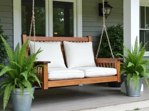 Farmhouse Porch Swing - Wide angle shot of a traditional wooden porch swing with classic white cushions, surrounded by ferns in galvanized planters