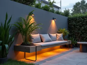 Floating Bench Arrangement - Wall-mounted floating bench with built-in planters, paired with portable side tables, modern minimal style, photographed at dusk with subtle lighting, diagonal view