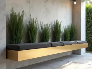 Floating Bench Configuration - Wide shot of a wall-mounted floating bench system with integrated planters, featuring charcoal cushions and brass accents, modern architectural style