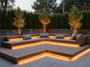 Floating Platform Seating - Wide angle view of a raised platform with built-in modular seating, featuring LED underlighting and minimal cushions in earth tones