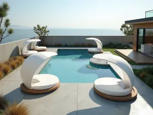 Floating Pool Daybeds - Circular floating daybeds with white canopies on a modern pool, surrounded by minimal concrete decking and architectural grasses, wide-angle view