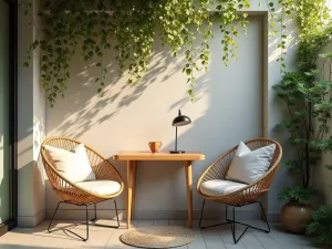 Folding Balcony Setup - Wall-mounted folding table with two hanging chairs on a tiny patio, decorated with trailing ivy, modern minimalist style, warm morning light, shot from above