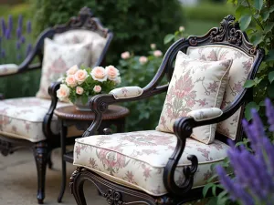 French Country Elegance - Close-up of elegant wrought iron furniture with toile cushions, surrounded by lavender and climbing roses in formal arrangements