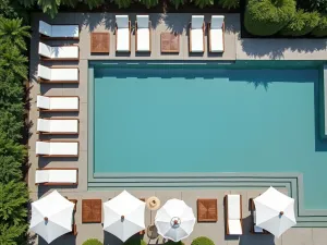 Geometric Poolside Loungers - Aerial view of geometric-shaped loungers in white and teak, arranged around a modern pool edge with integrated umbrellas and side tables