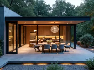 Glass dining pavilion - Aerial view of a modern glass-covered dining area with sleek furniture, featuring retractable walls and contemporary pendant lighting