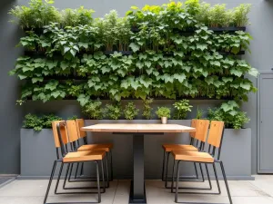 Hideaway Dining Solution - Wall-mounted drop-leaf table with stackable chairs, framed by vertical herb garden, contemporary urban style, straight-on architectural view