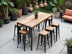 Industrial Bar Setting - A high-angle view of metal bar-height chairs with reclaimed wood seats arranged around a matching bar table, set on a concrete patio with industrial-style pendant lights and potted succulents