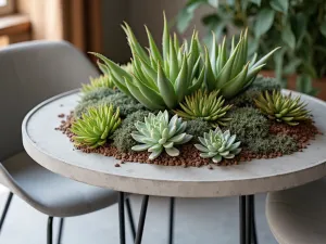 Industrial Modern Mix - Close-up of metal and wood mixed furniture, featuring hairpin leg chairs and a concrete table, with vertical succulent gardens