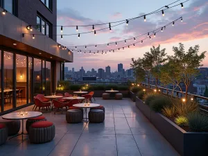 Industrial Pool Deck - Metal and wood mixed material furniture, string lights overhead, concrete planters with architectural plants, urban rooftop setting, twilight