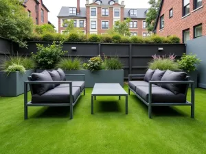 Industrial Style Outdoor Lounge - Wide view of powder-coated steel furniture with charcoal cushions on green lawn, industrial style planters, urban garden setting