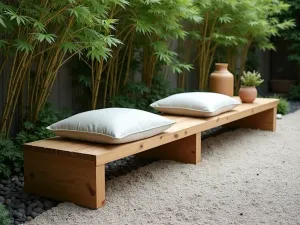 Japanese Zen Corner - Close-up of low-profile wooden bench seating with minimalist cushions, surrounded by Japanese maple and bamboo, zen garden style