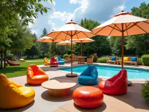 Kids Pool Play Area - Colorful outdoor bean bags and low tables with umbrella shade, splash pad nearby, bright and playful design, wide angle view