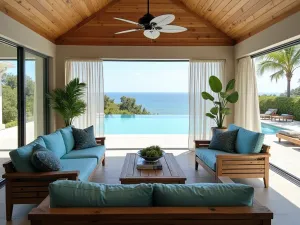 Luxury Pool Pavilion - Covered outdoor living room with weathered teak furniture, coastal blue cushions, sheer curtains, and ceiling fans, overlooking infinity pool, wide shot