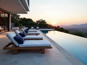 Luxury Poolside Loungers - Elegant white cushioned chaise lounges arranged on a travertine pool deck, with navy blue accent pillows, beside a crystal-clear infinity pool at sunset, ultra-realistic, architectural photography style