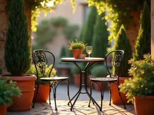 Mediterranean Bistro Setup - Intimate wrought iron bistro set with mosaic table top, surrounded by terracotta pots with cypress trees and herbs, warm evening light