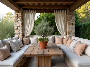 Mediterranean Dining Nook - A close-up of a built-in stone bench with comfortable cushions around a rustic wooden table, featuring terracotta pots with olive trees and rosemary, under a pergola with gauzy curtains