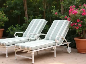 Mediterranean Loungers - Close-up of two elegant white metal chaise loungers with striped cushions, next to a terracotta pot with trailing bougainvillea, Mediterranean style