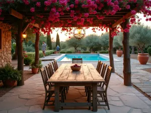 Mediterranean Pool Dining - Rustic wooden dining set under a pergola draped with bougainvillea, overlooking a pool, terra cotta pots with olive trees, warm evening lighting