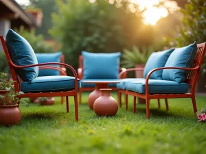 Mediterranean Terracotta Setting - Close-up of terracotta-colored metal furniture with blue cushions on lawn, Mediterranean pottery, late afternoon glow